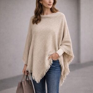 Oshlen Beige Knit Poncho‎ Wrap One Size Soft Fringe Asymmetrical Cape Shawl